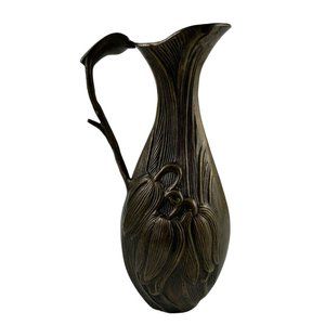 Vintage Art Nouveau Revival Bronze Floral Ewer Pitcher Jug Vase Metal Decor